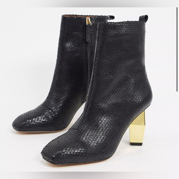Kurt Geiger Daxon black embossed snakeprint gold heel ankle boots booties sz40.5 - Picture 1 of 5